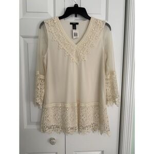 Alfani Petites Cream Boho Tunic Lace Sheer Bell Sleeves Top Size PS - NWT